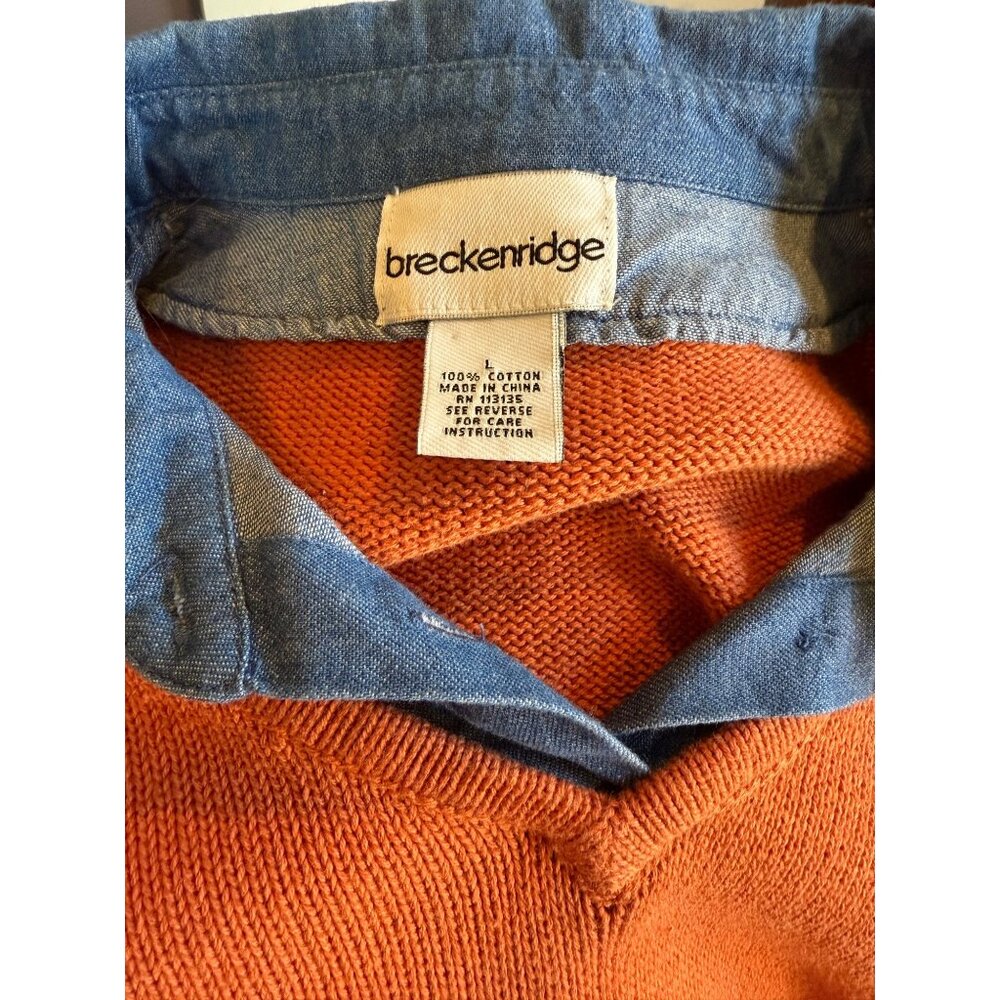 Breckenridge Womens V-Neck Orange Cotton Sweater with Jean Material Collar Large - Picture 4 of 13
